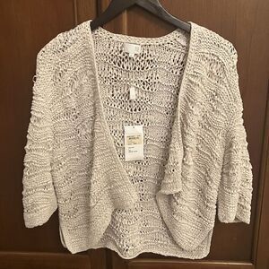 TSE Women’s Sweater Cardigan White Taupe Large Chunky Weave Silk Nylon Crop $495